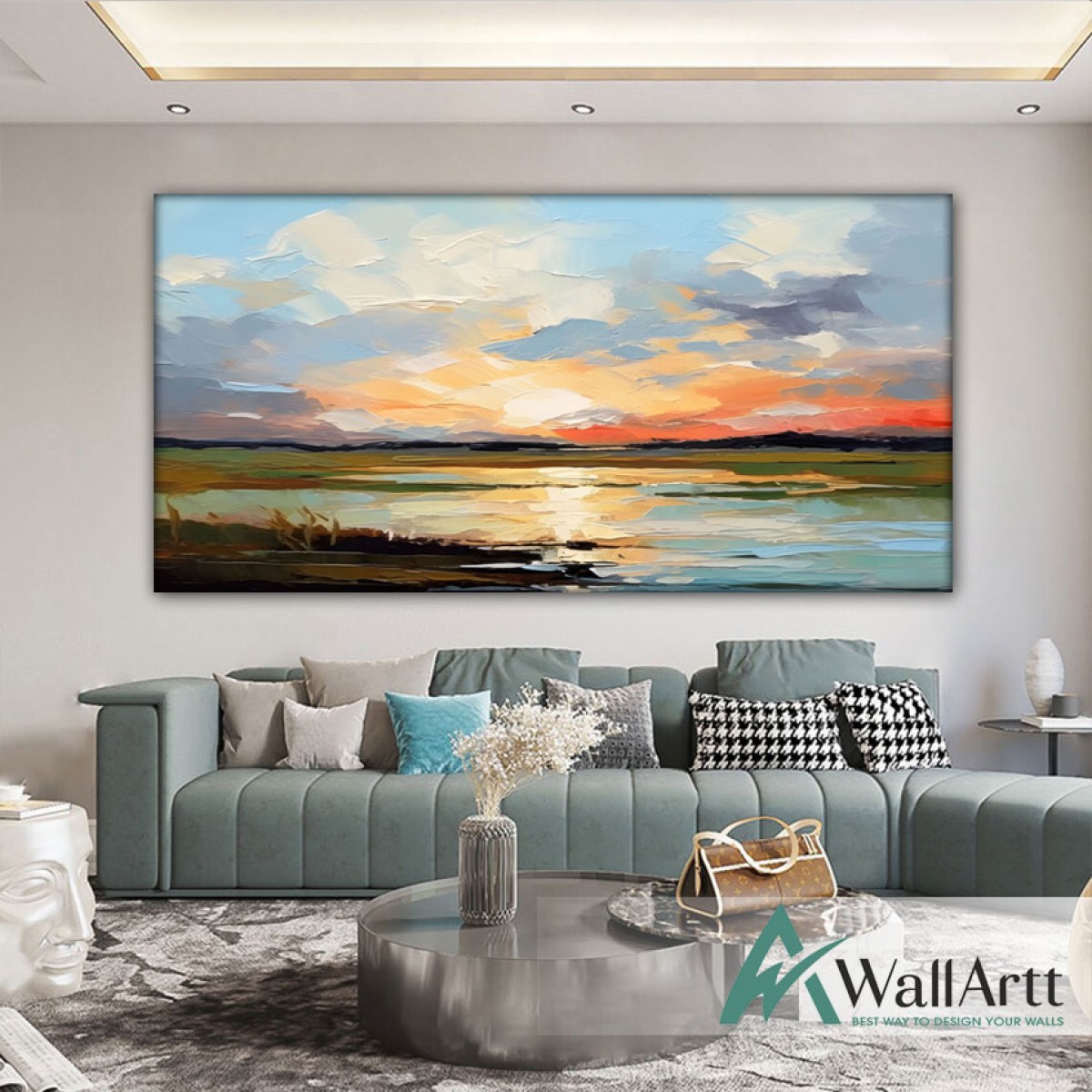 Sunset Reflection Textured Partial Oil Painting - Wall Art